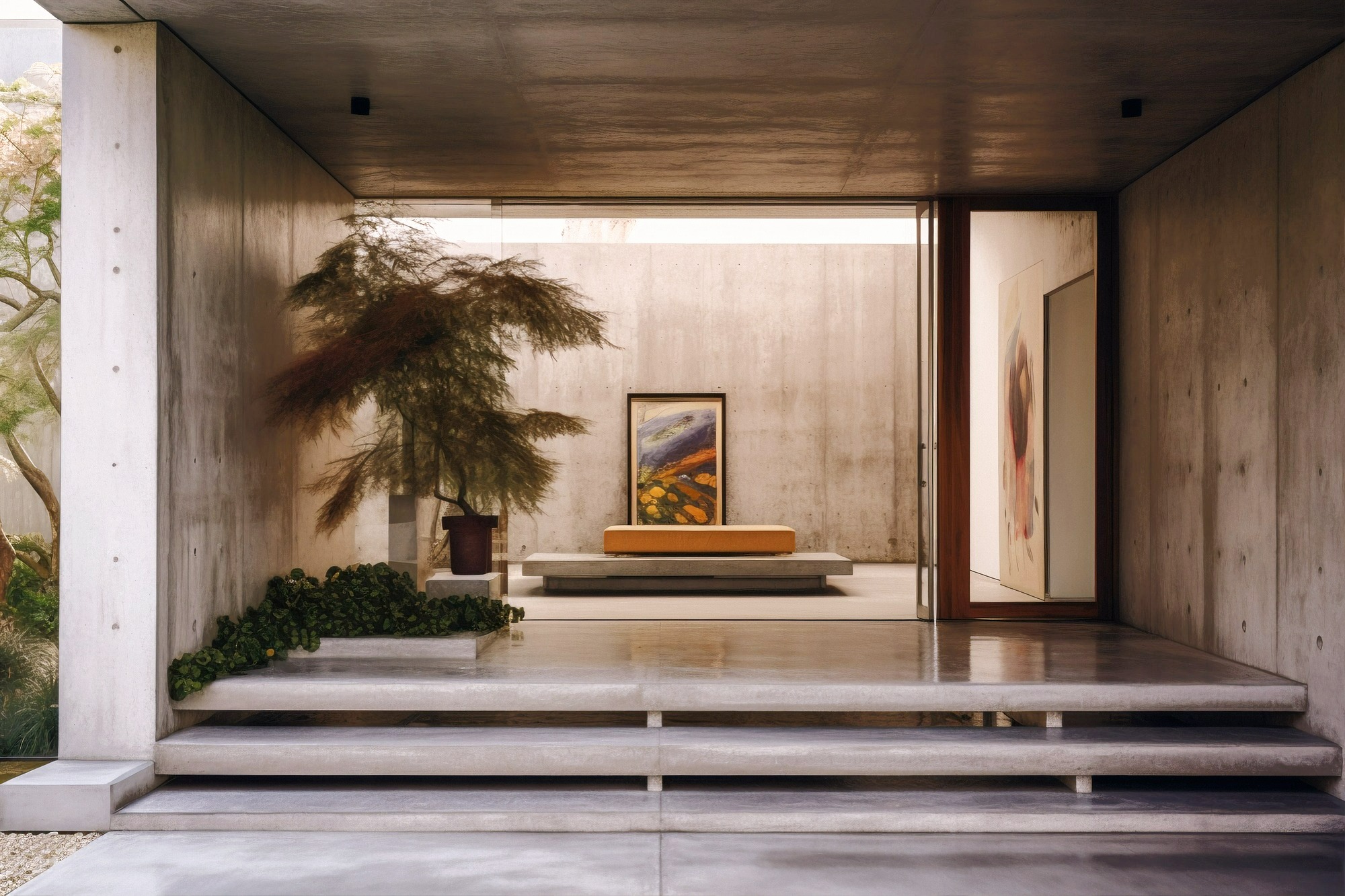 Hall com estrutura em concreto aparente